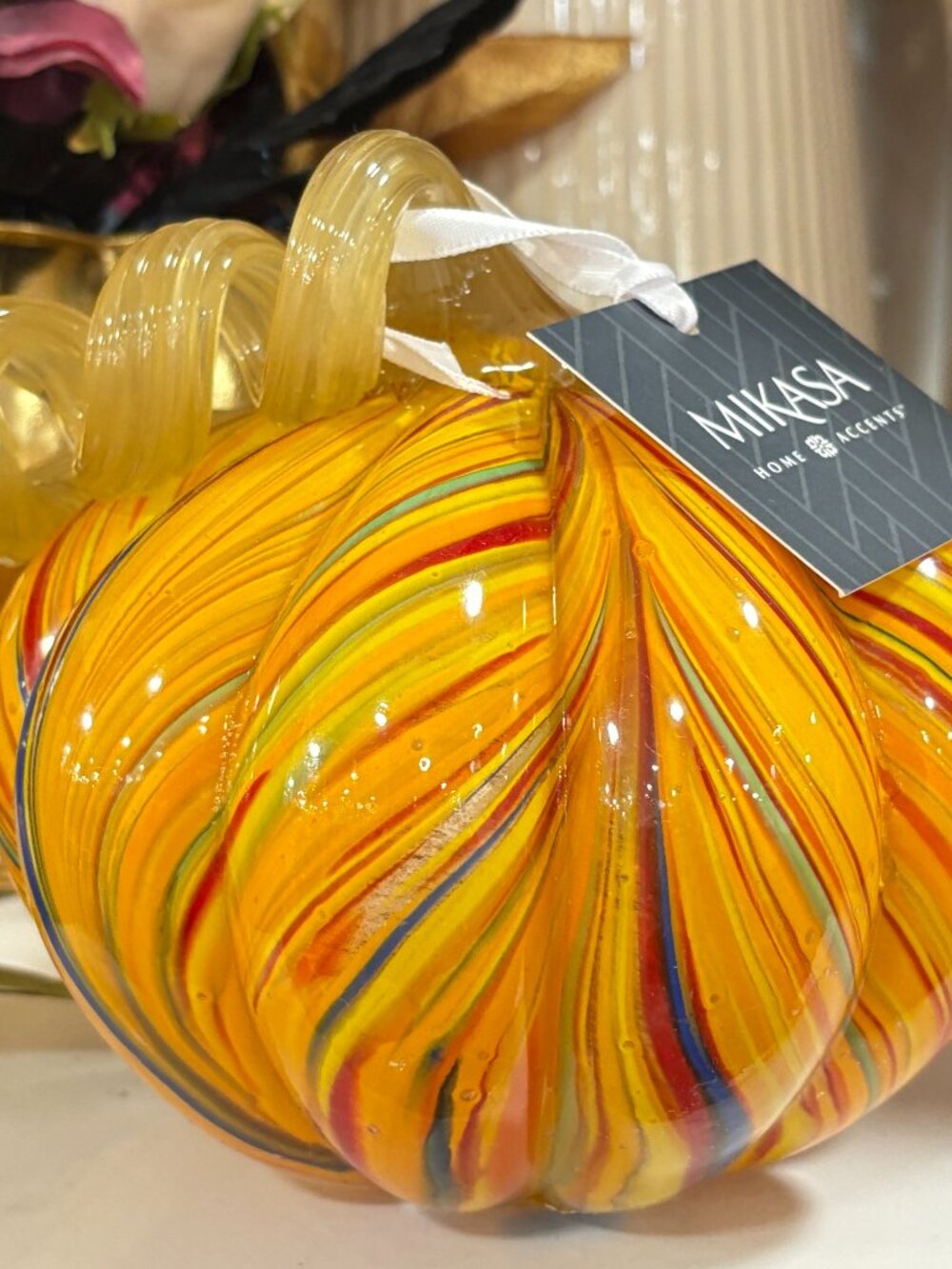 Mikasa Hand Blown Multi Colors Marble Orange Swirl Blown Glass Pumpkin New